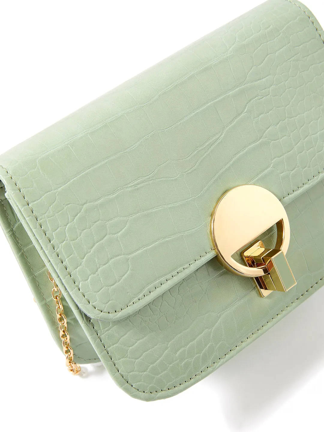 Accessorize London Women's Faux Leather Greem Croc Lock Chain Party Bag