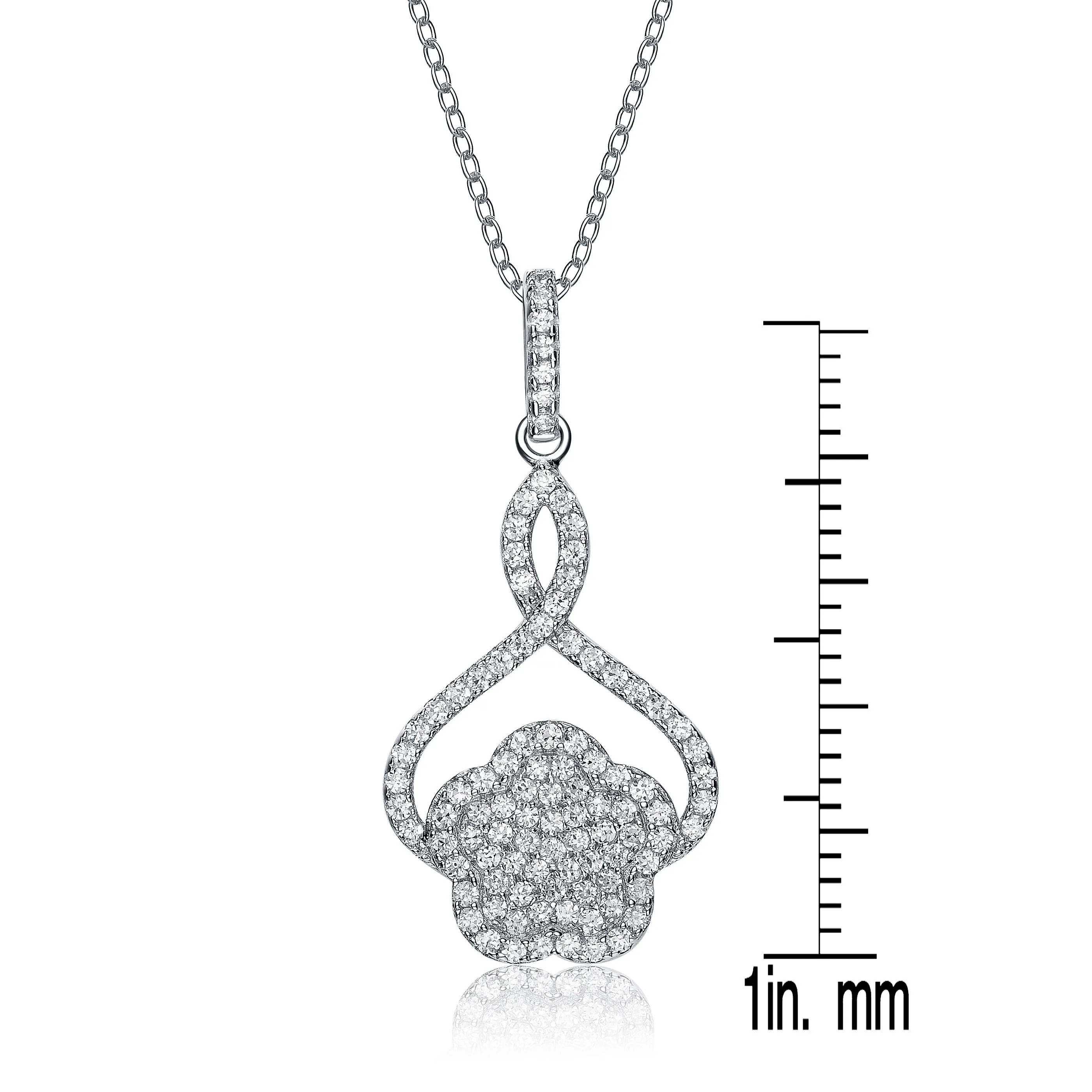 CZ SS Rhodium Plated Flower Shape Drop Pendant