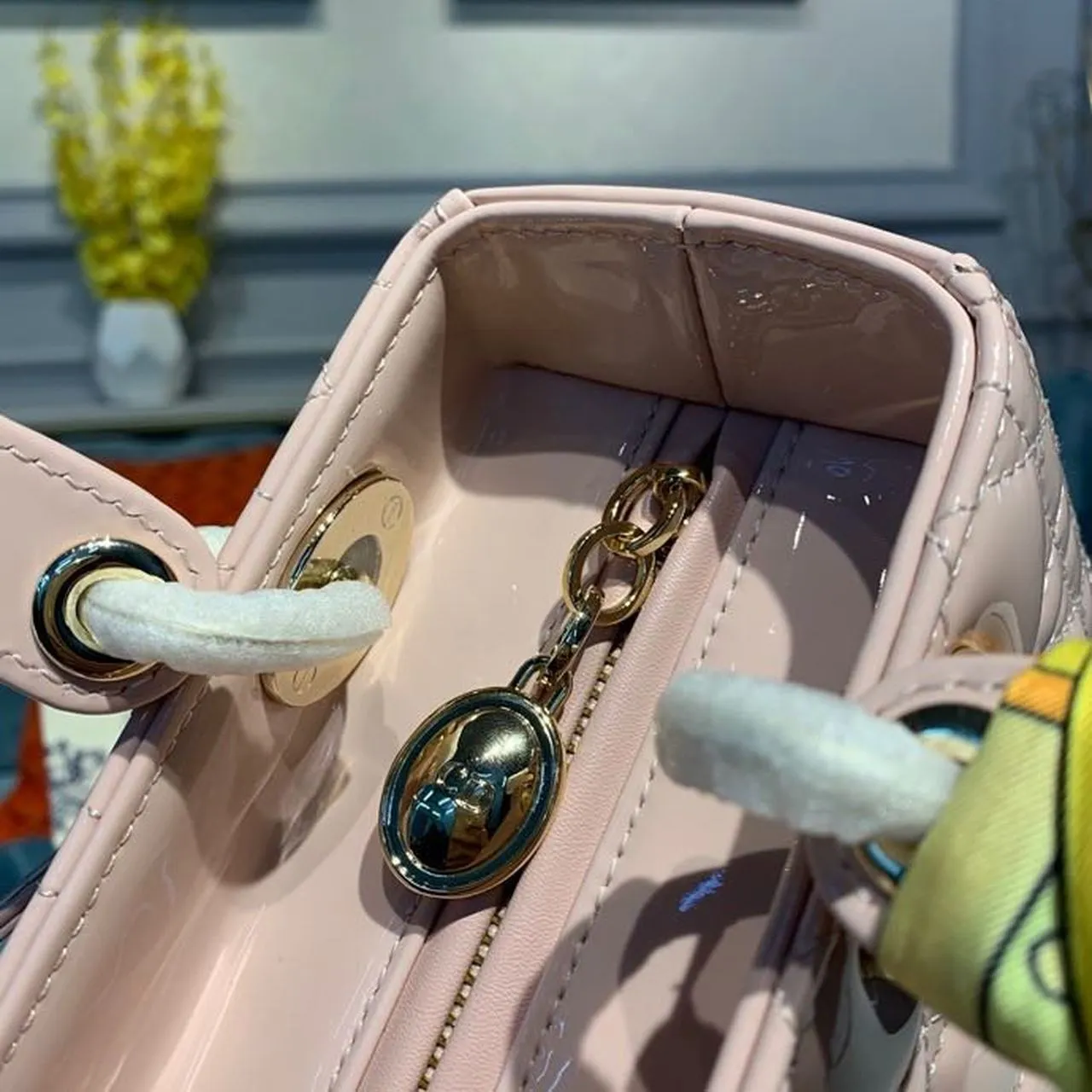 DI Medium Lady Bag Gold Toned Hardware Patent Light Pink For Women 24cm/9in CD