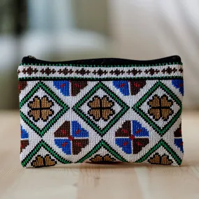 Embroidered Floral and Geometric Patterned Cosmetic Bag - Unique Flowers | NOVICA