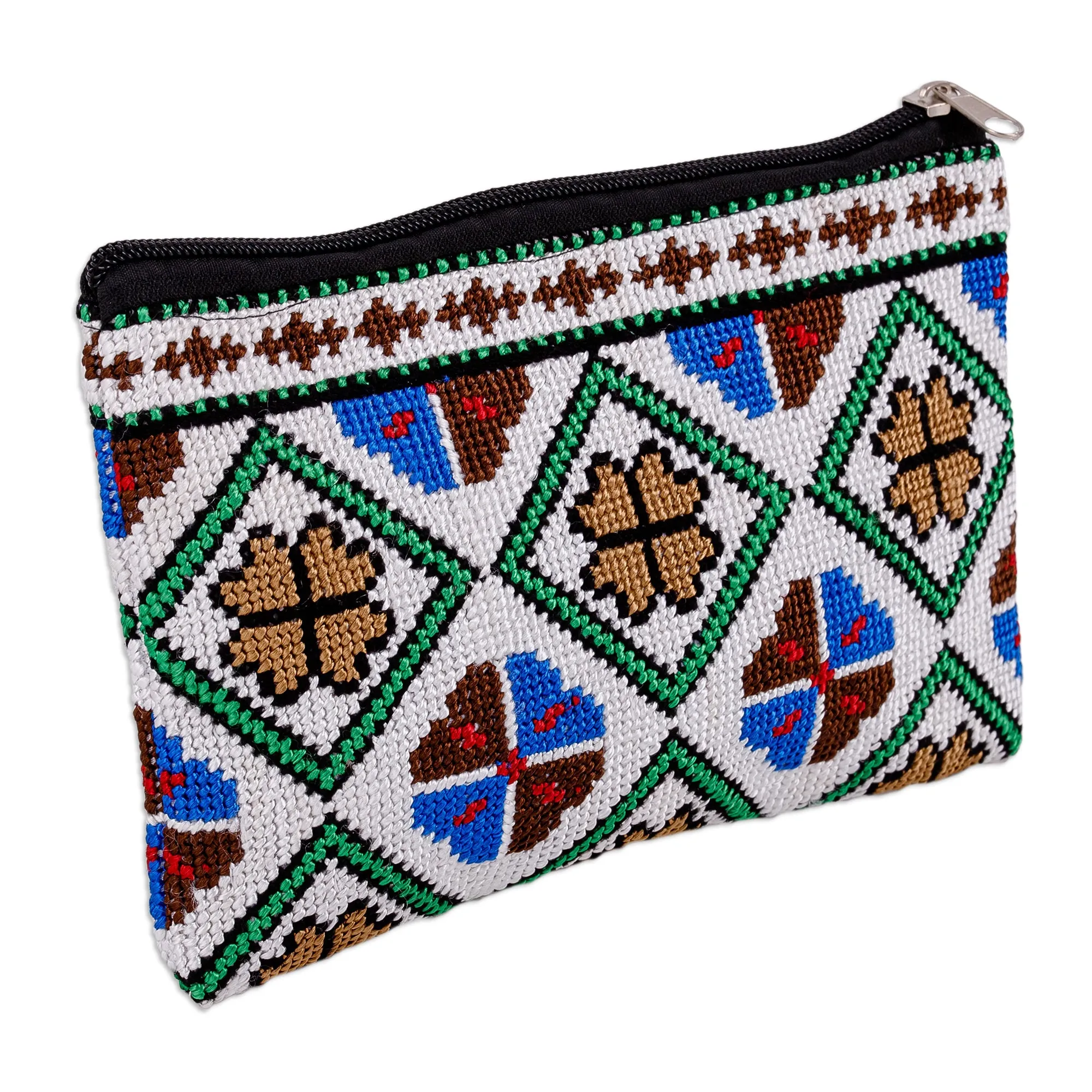 Embroidered Floral and Geometric Patterned Cosmetic Bag - Unique Flowers | NOVICA