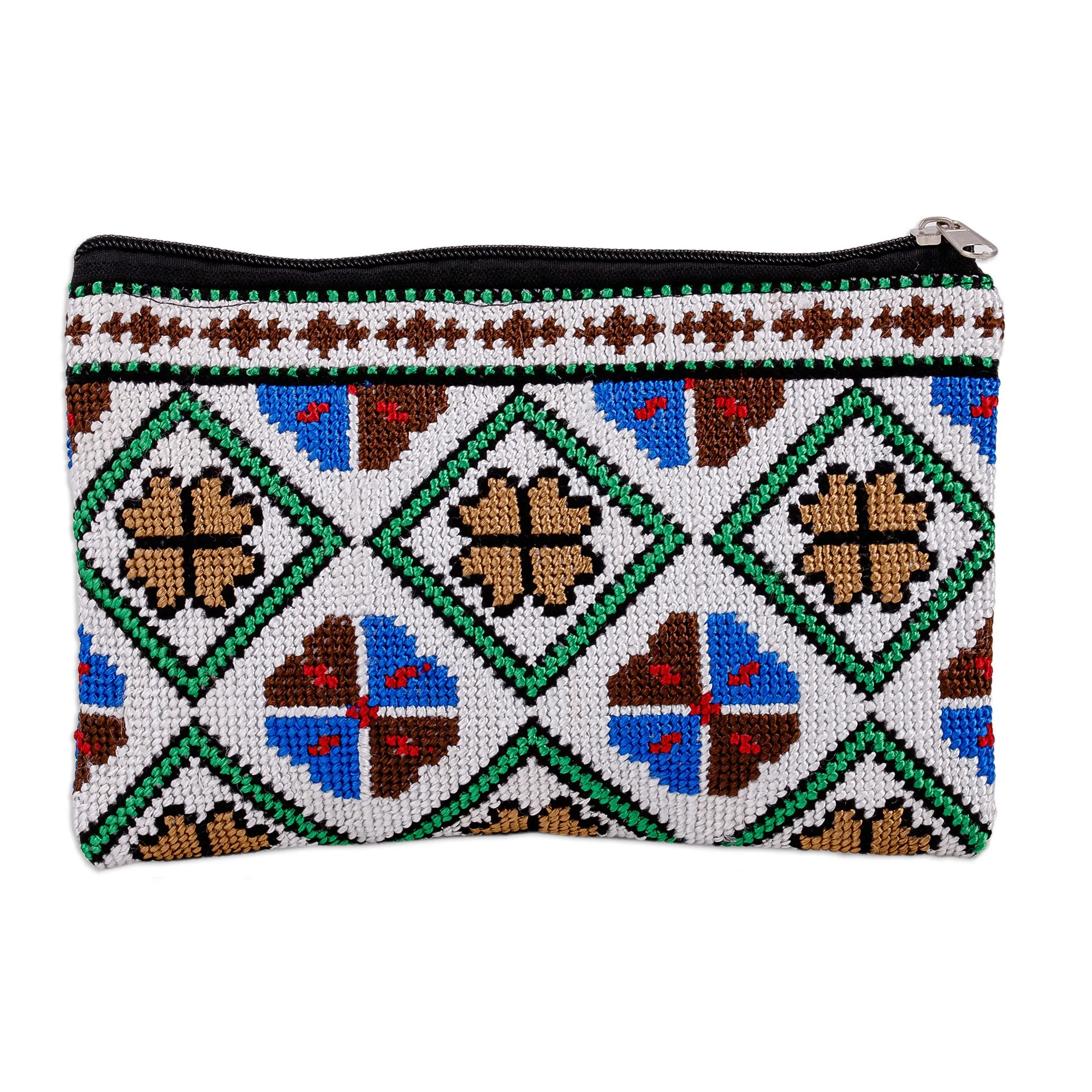 Embroidered Floral and Geometric Patterned Cosmetic Bag - Unique Flowers | NOVICA
