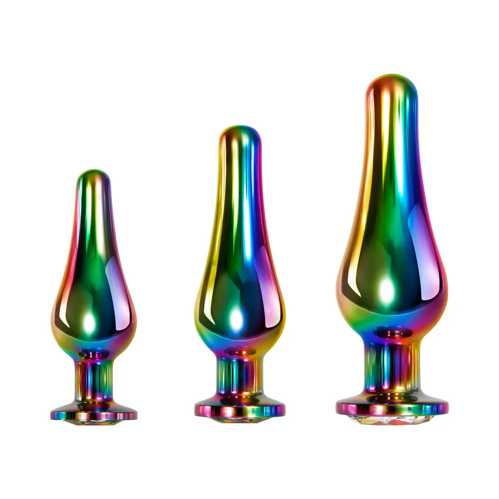 Evolved 3-Piece Rainbow Metal Anal Plug With Rainbow Gemstone Base Set