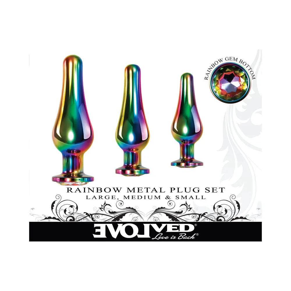 Evolved 3-Piece Rainbow Metal Anal Plug With Rainbow Gemstone Base Set