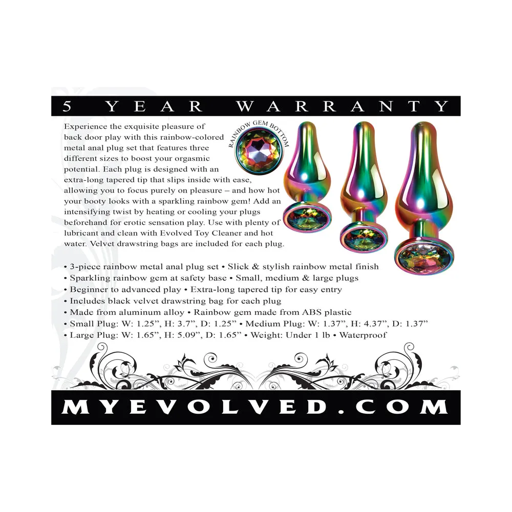 Evolved 3-Piece Rainbow Metal Anal Plug With Rainbow Gemstone Base Set