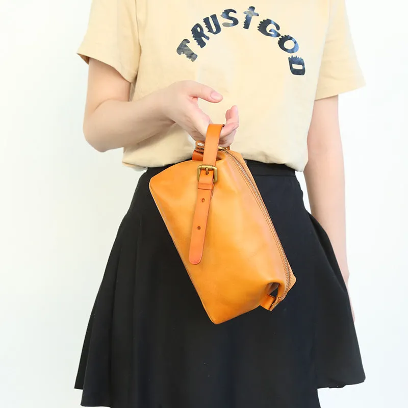 Genuine Leather Cube Clutch Toiletry&Cosmetic Bag Purse Pouch Womens