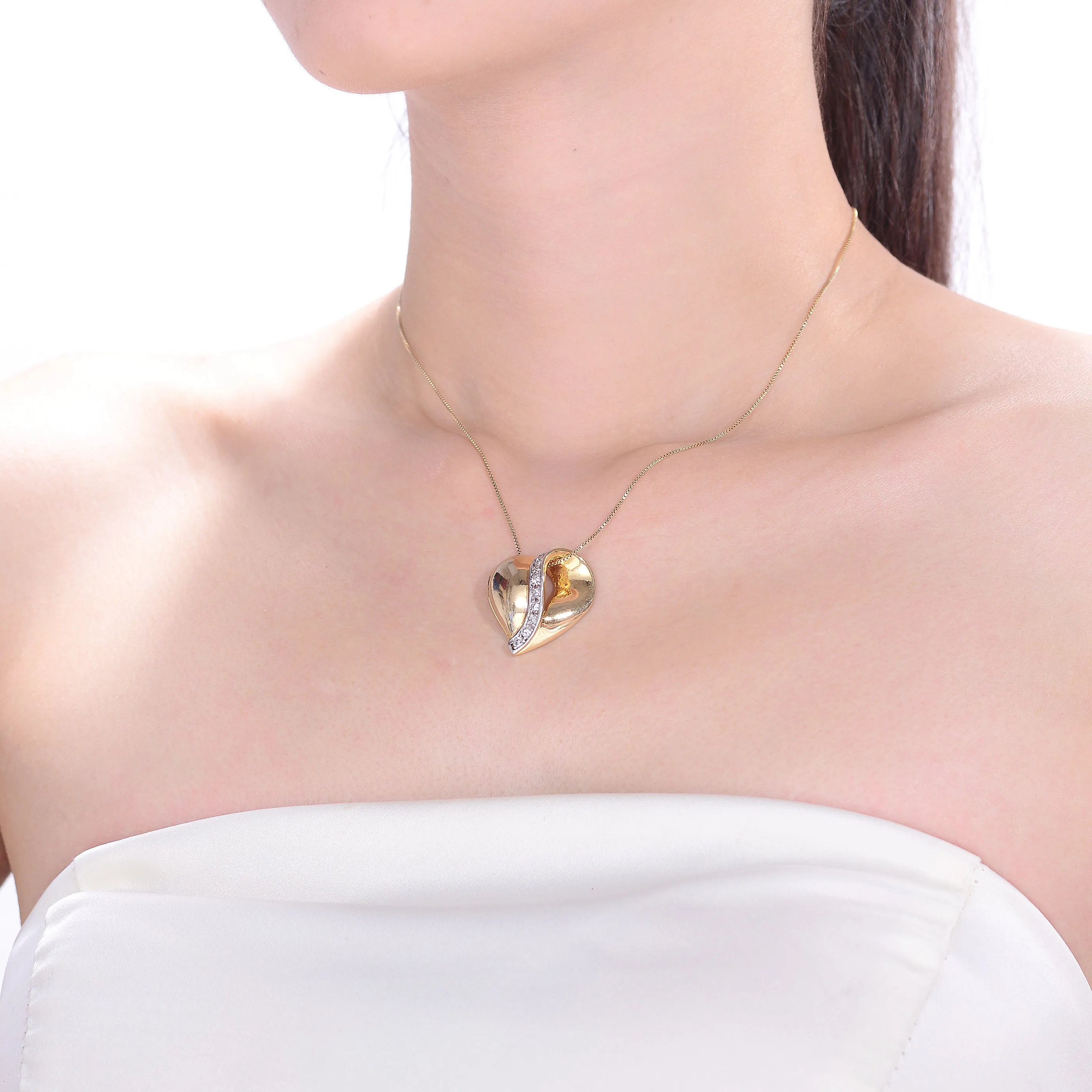 Gold-Plated Sterling Silver Heart Pendant with Cubic Zirconia Accents