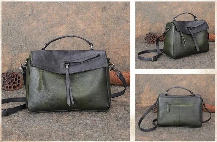 Handmade Ladies Green Leather Handbags Side Bags For Women