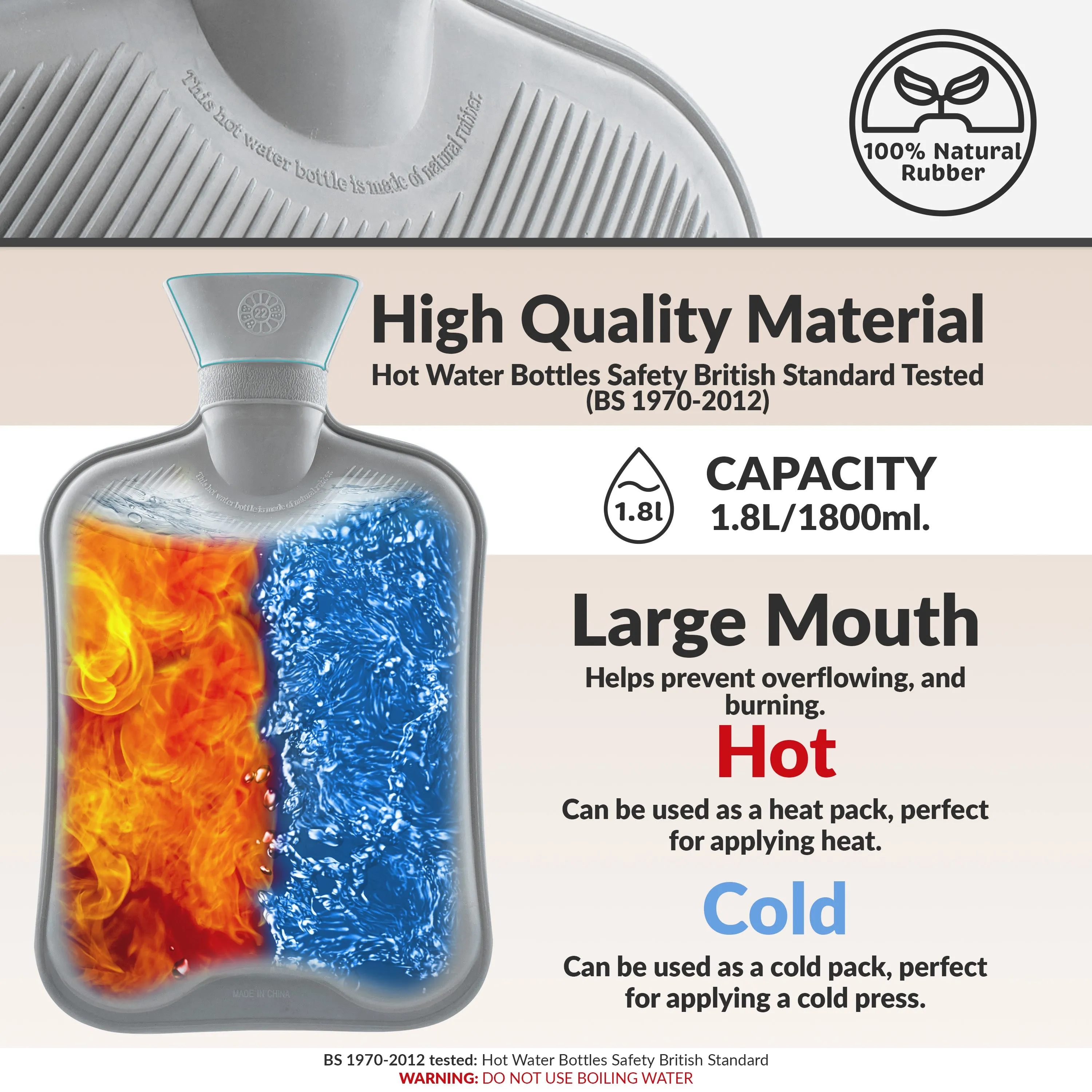 Hot Water Bottle Large 1.8L Rubber Hot Water Bottle - Grey