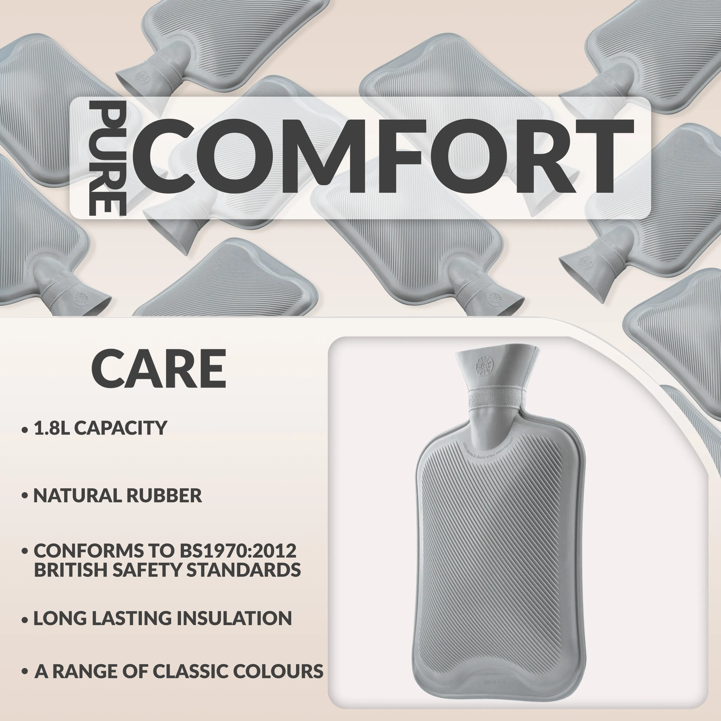 Hot Water Bottle Large 1.8L Rubber Hot Water Bottle - Grey