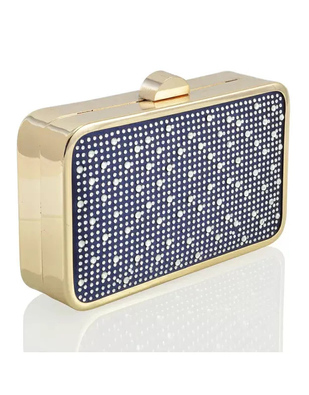JASMINE CHROME PLATED DETAIL CLASP DIAMANTE CLUTCH EVENING BAG IN NAVY SATIN
