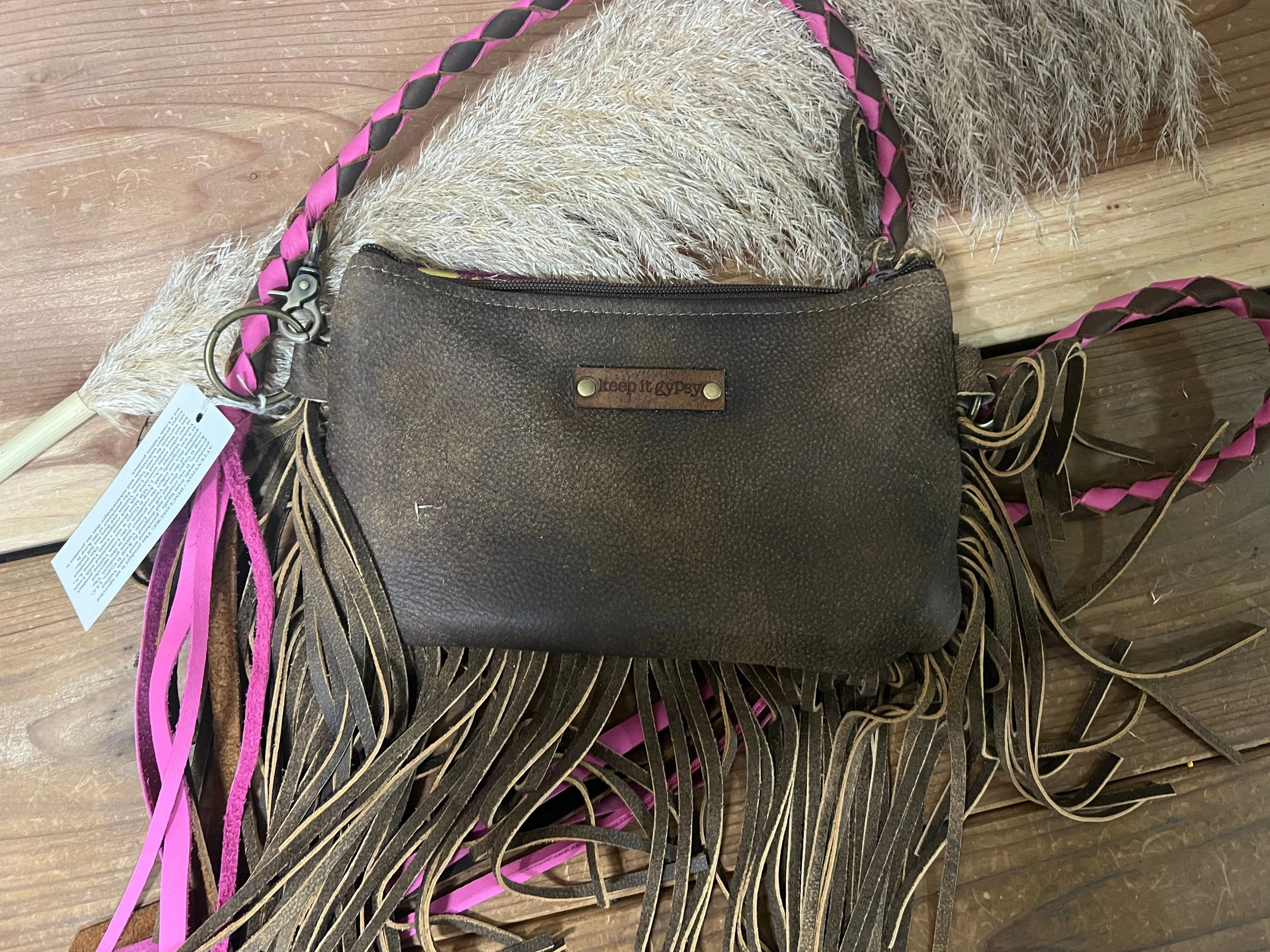 Keep It Gypsy Pop Of Color Braided Strap Fringe Crossbody - Gold Acid/Pink