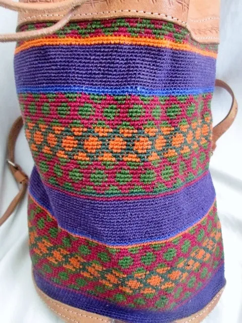 Knit Blanket Leather BACKPACK Shoulder Rucksack Sling Travel BAG Bucket BROWN Ethnic