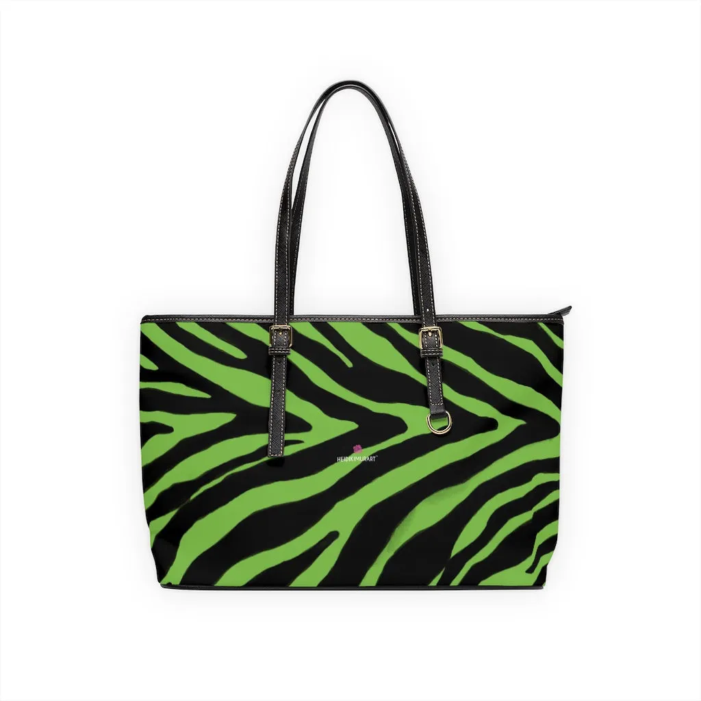 Lime Green Zebra Tote Bag, Animal Print PU Leather Shoulder Hand Work Bag 17"x11"/ 16"x10" For Ladies