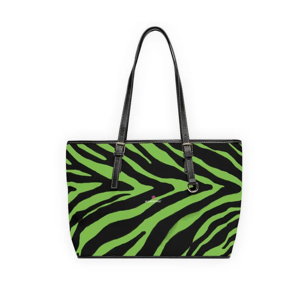 Lime Green Zebra Tote Bag, Animal Print PU Leather Shoulder Hand Work Bag 17"x11"/ 16"x10" For Ladies