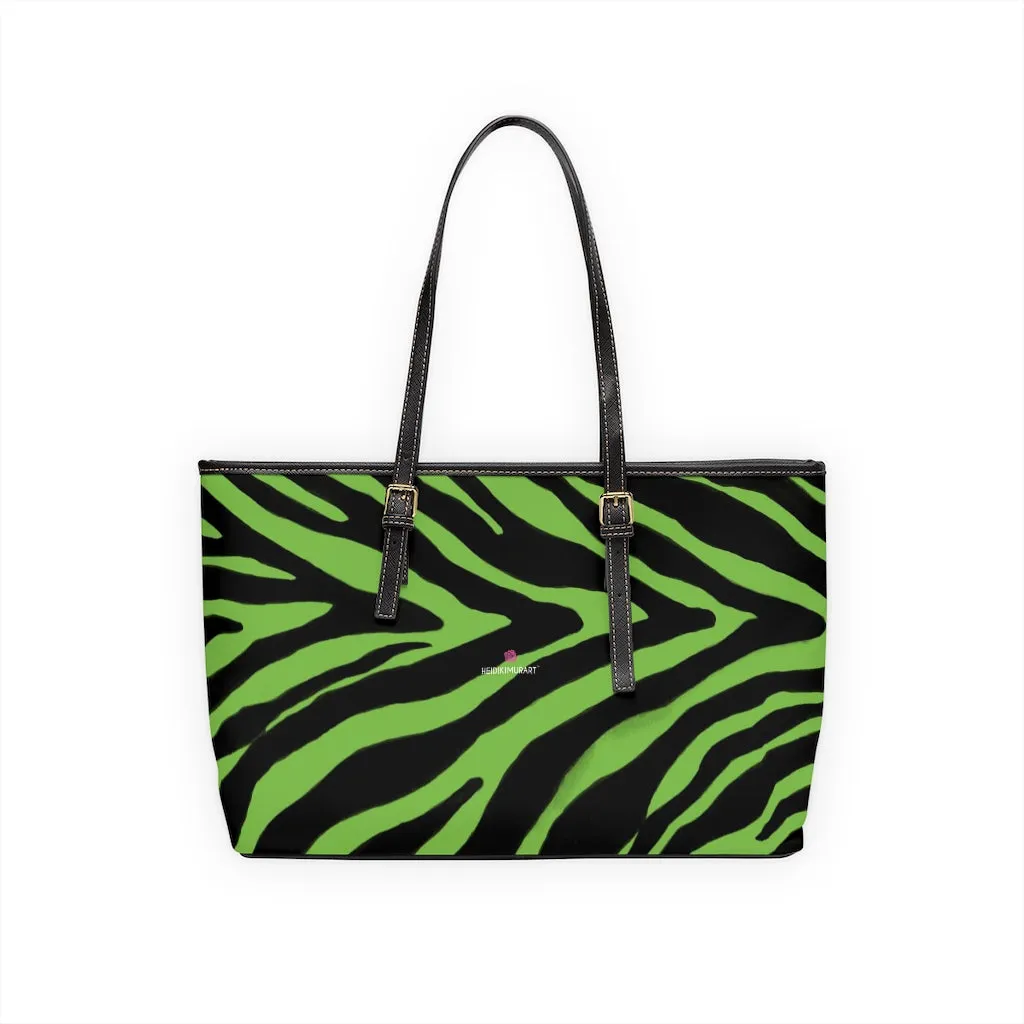 Lime Green Zebra Tote Bag, Animal Print PU Leather Shoulder Hand Work Bag 17"x11"/ 16"x10" For Ladies