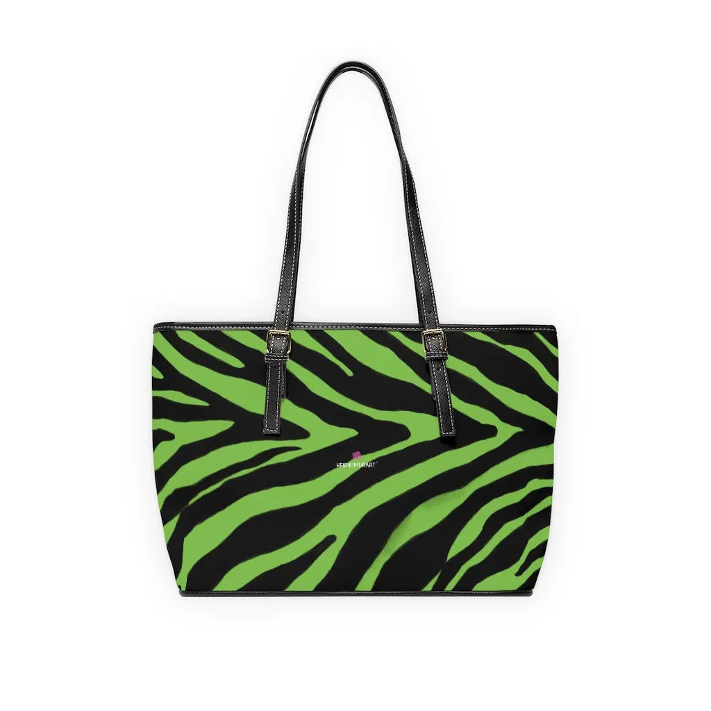 Lime Green Zebra Tote Bag, Animal Print PU Leather Shoulder Hand Work Bag 17"x11"/ 16"x10" For Ladies