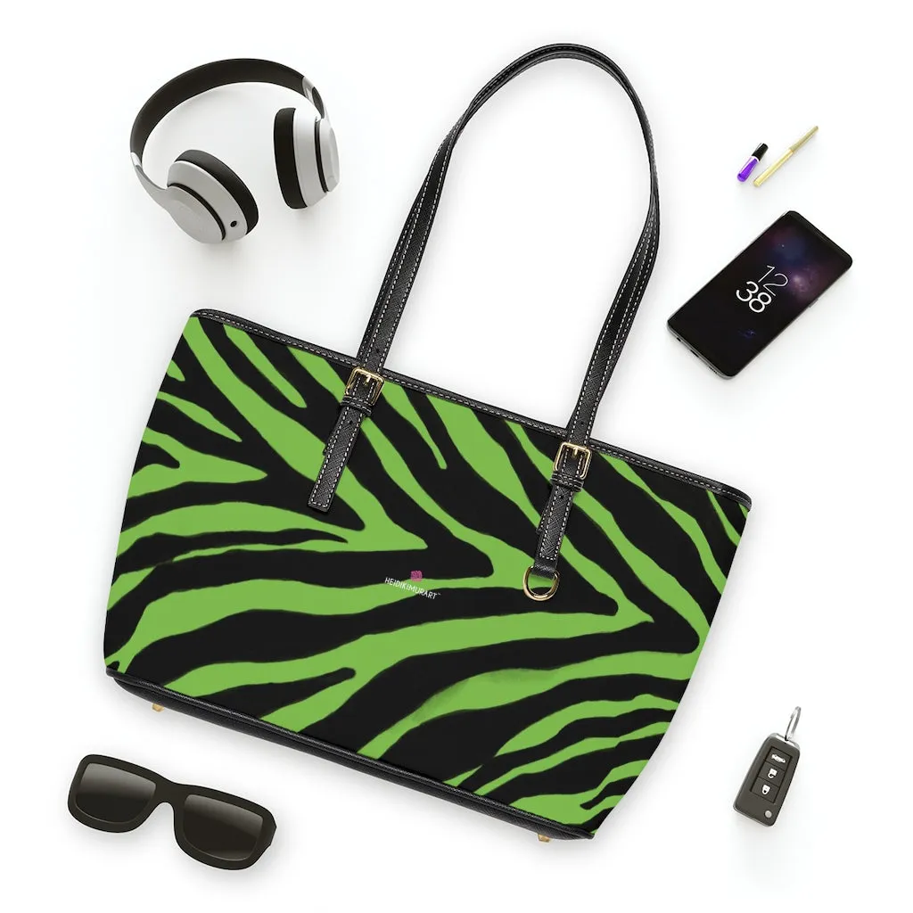 Lime Green Zebra Tote Bag, Animal Print PU Leather Shoulder Hand Work Bag 17"x11"/ 16"x10" For Ladies