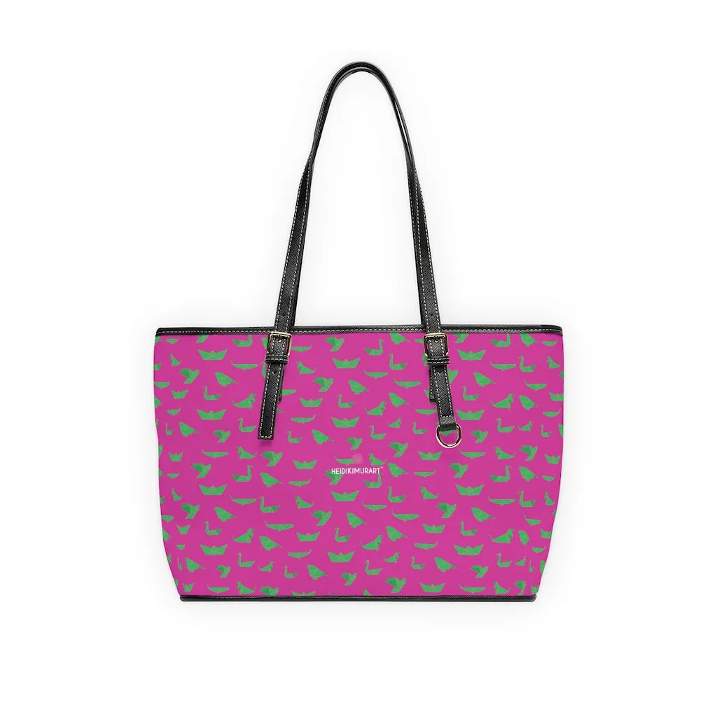 Pink Green Crane Tote Bag, Japanese Style Best PU Leather Shoulder Hand Work Bag 17"x11"/ 16"x10"