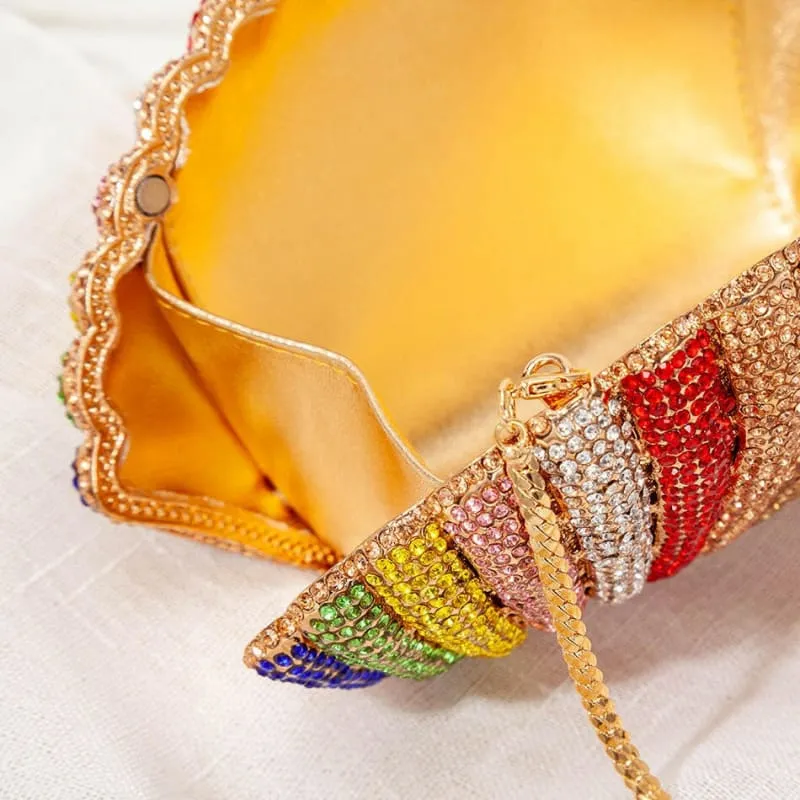 Rainbow Shell Rhinestone Evening Clutch Purse