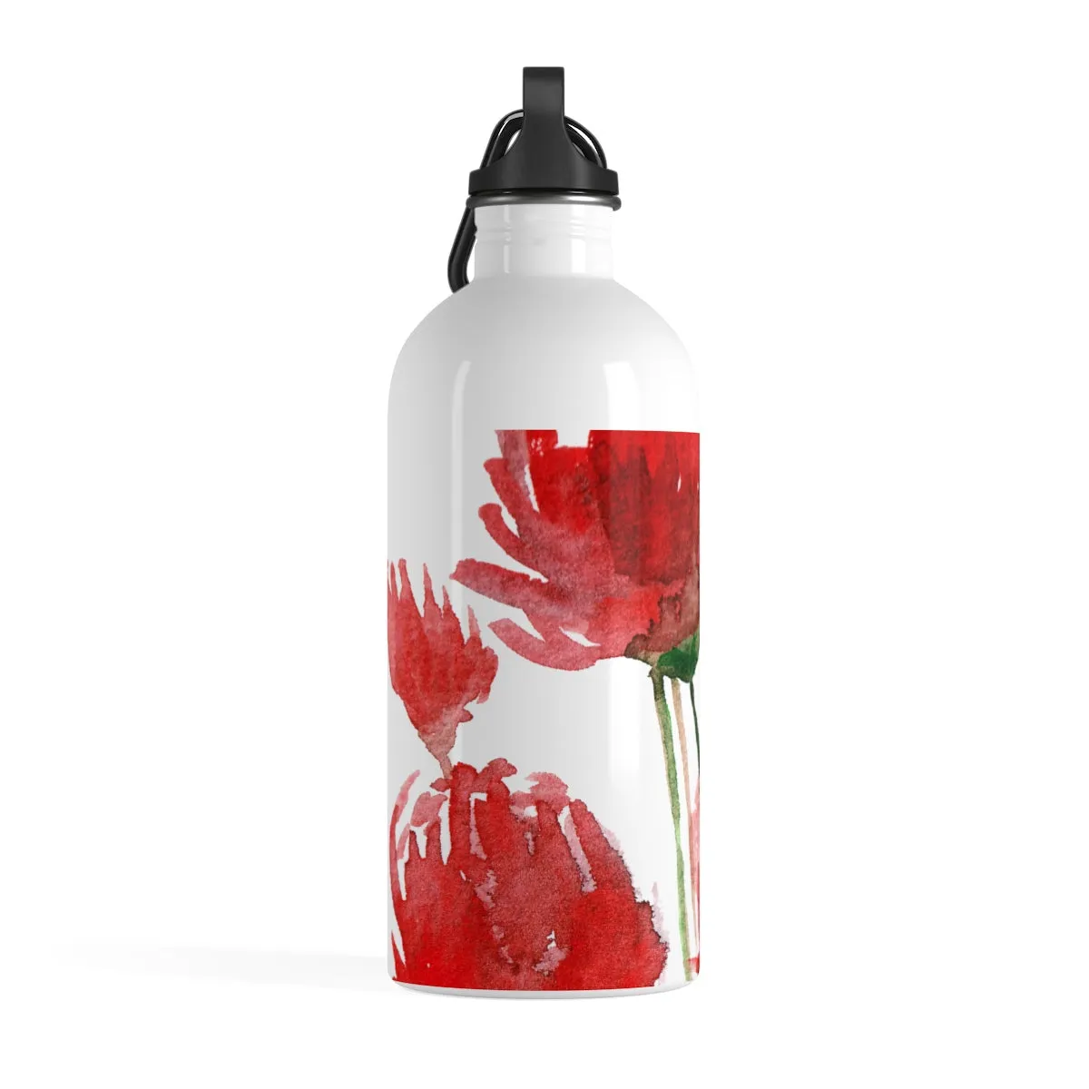 Red Poppy Flower Water Bottle, Floral Print Full Size Light Stainless Steel 14 oz. Bottle - Printed in USA