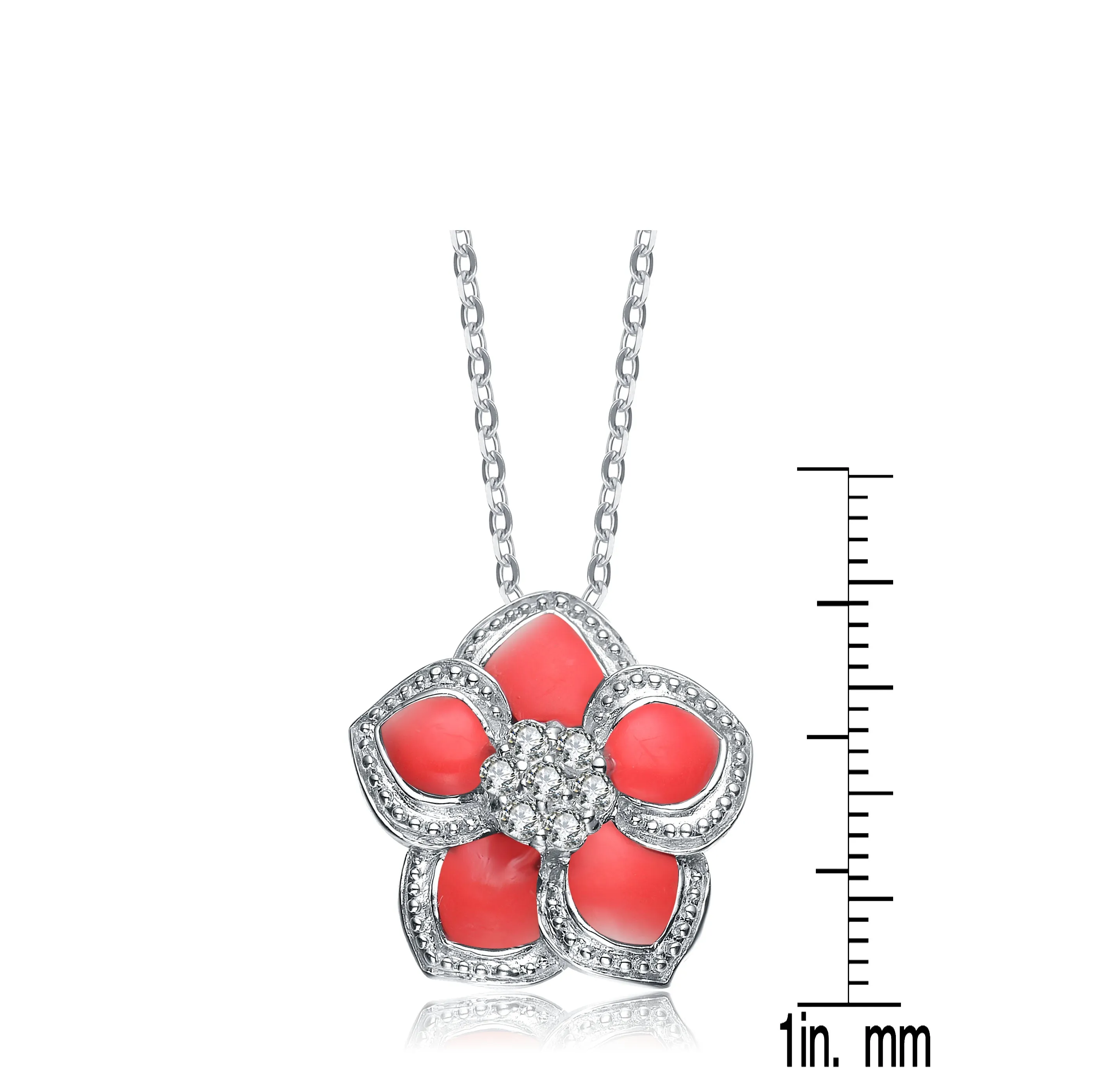 Sterling Silver White Cubic Zirconia Red Flower Pendant