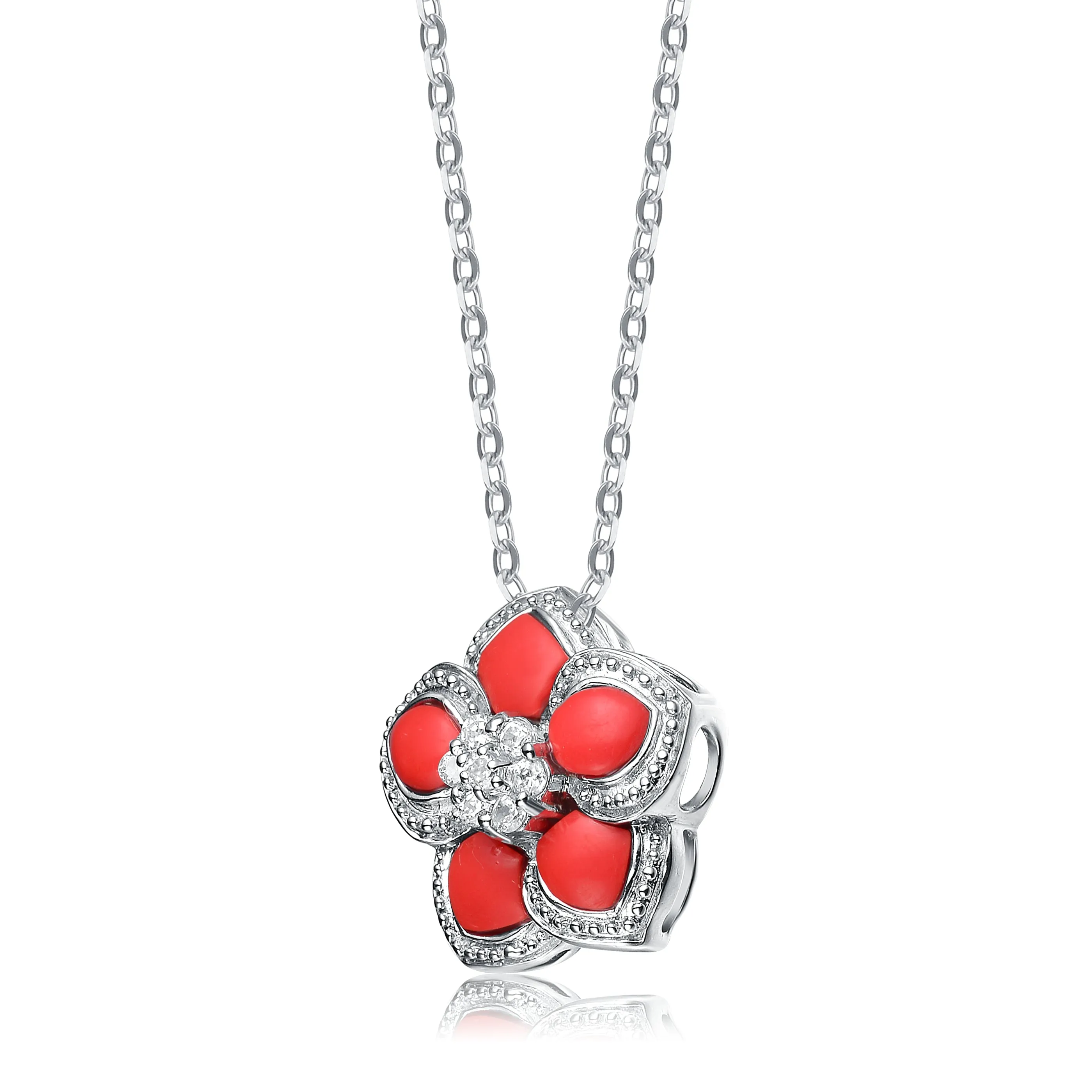 Sterling Silver White Cubic Zirconia Red Flower Pendant